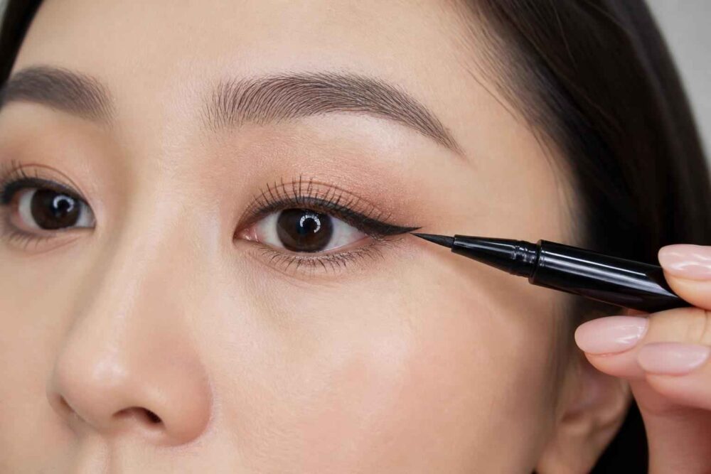 Kobieta nakłada czarny eyeliner przy zewnętrznym kąciku oka.