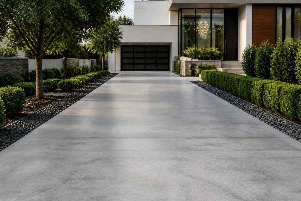 Betonowy podjazd przed nowoczesnym domem Szeroki betonowy podjazd prowadzący do garażu nowoczesnego domu z uporządkowaną roślinnością