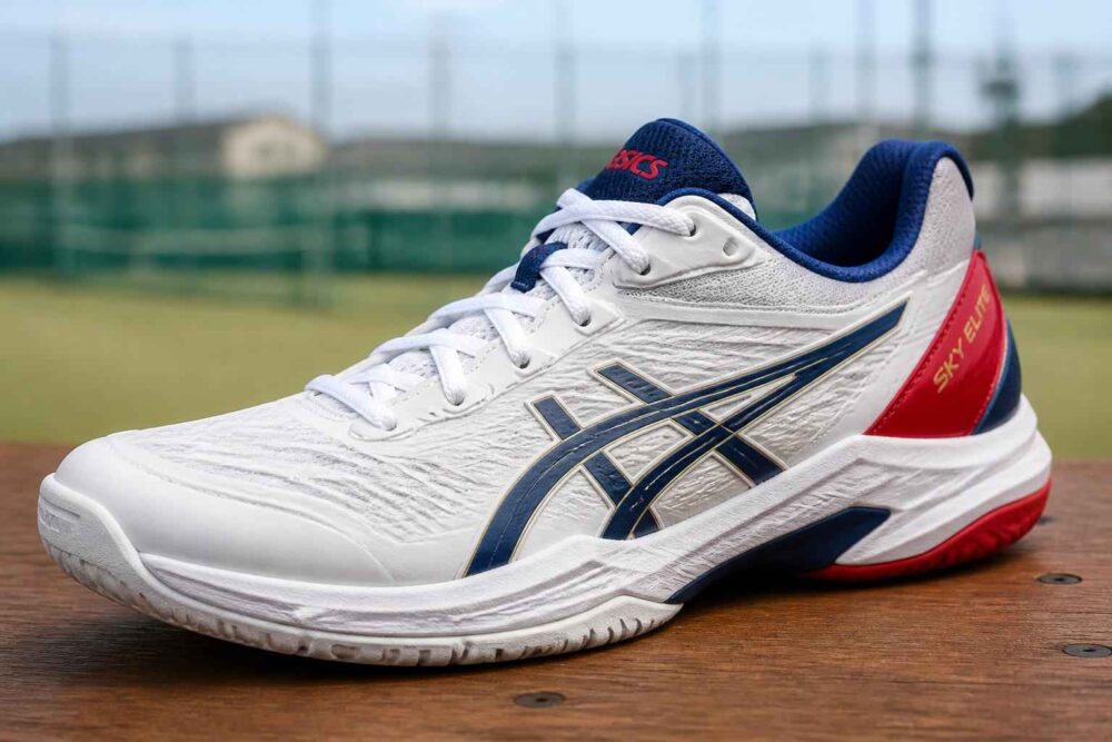 Biało-granatowy but sportowy Asics z czerwonymi detalami na drewnianej powierzchni