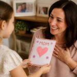 Dziewczynka wręcza uśmiechniętej mamie kartkę z napisem MOM i narysowanym sercem