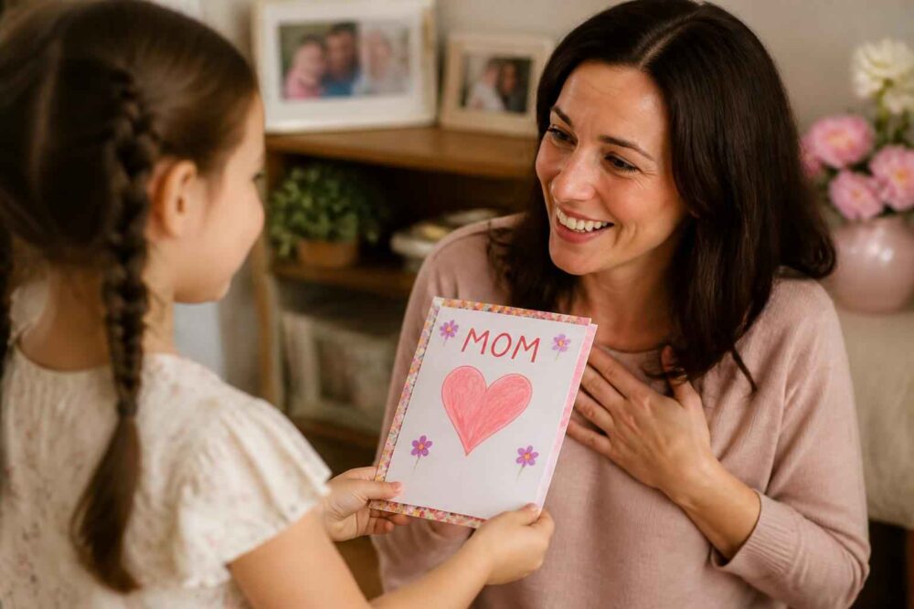 Dziewczynka wręcza uśmiechniętej mamie kartkę z napisem MOM i narysowanym sercem