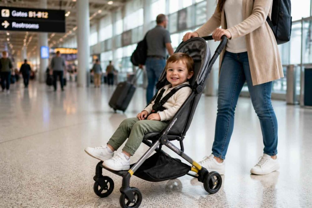 Uśmiechnięte dziecko siedzi w spacerowym wózku na lotnisku, obok prowadzi go kobieta.