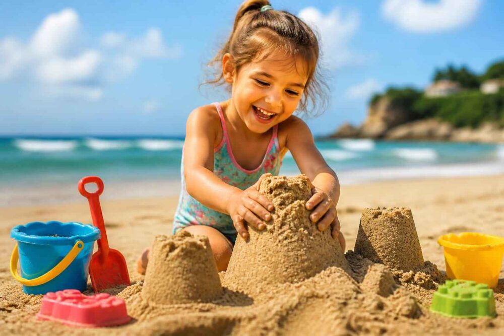 Dziewczynka buduje zamek z piasku na plaży, otoczona wiaderkami i foremkami do piasku