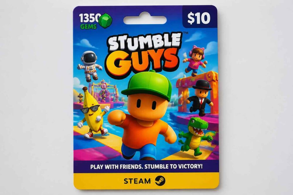 Kolorowa karta Steam z postaciami Stumble Guys i oznaczeniem 1350 klejnotów oraz ceny 10 dolarów