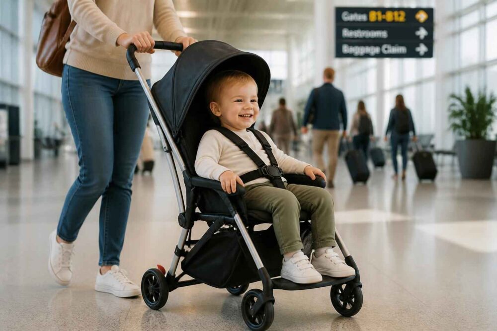 Mały pasażer w wózku na terminalu Uśmiechnięte dziecko jedzie wózkiem przez lotnisko, prowadzone przez kobietę w jasnym swetrze.
