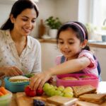 Mama i córka układają owoce, warzywa i kanapki w pojemnikach na lunch热在线精品