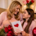 Mama i córka przytulają się na kanapie, trzymając kartkę walentynkową i bukiet czerwonych róż
