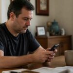Mężczyzna siedzi przy stole i korzysta ze smartfona obok kubka i gazety