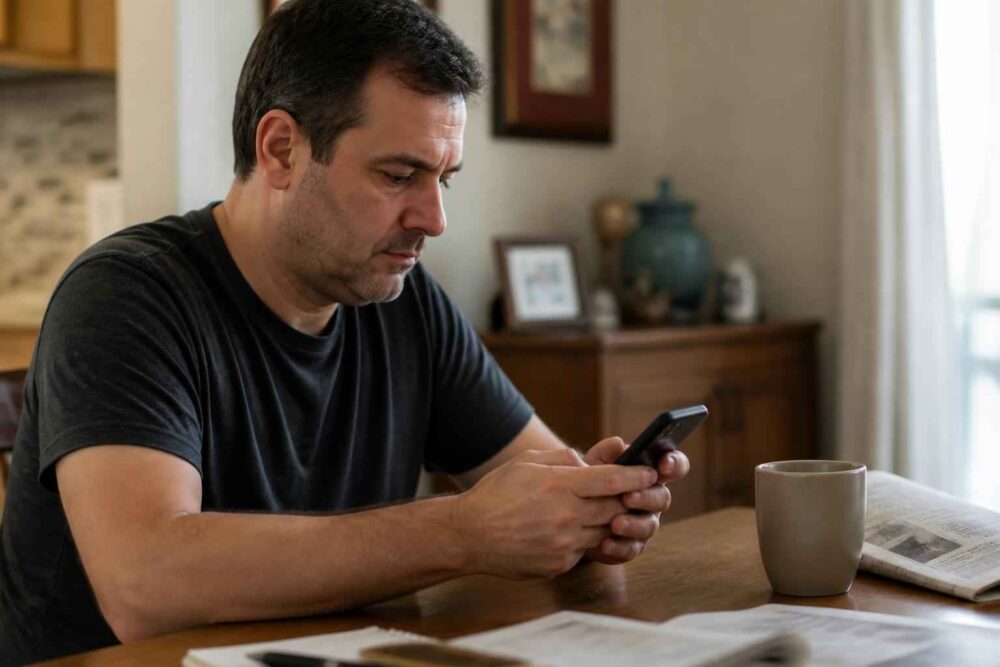 Mężczyzna siedzi przy stole i korzysta ze smartfona obok kubka i gazety