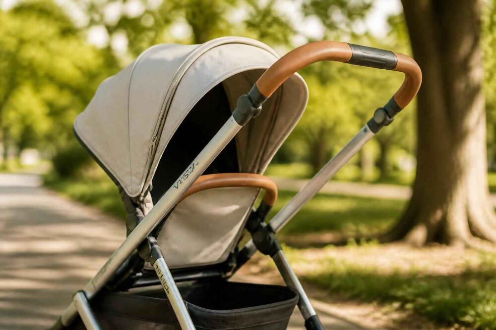 Beżowy wózek dziecięcy stojący na alejce w parkuśród zieleni